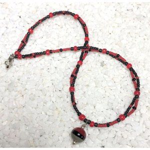 Handmade Double Strand Beaded Necklace Glass Red Black Choker
